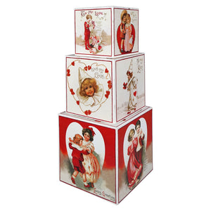 Stacked vintage-style cardboard sweetheart blocks set by bethany lowe designs featuring ellen clapsaddle valentines