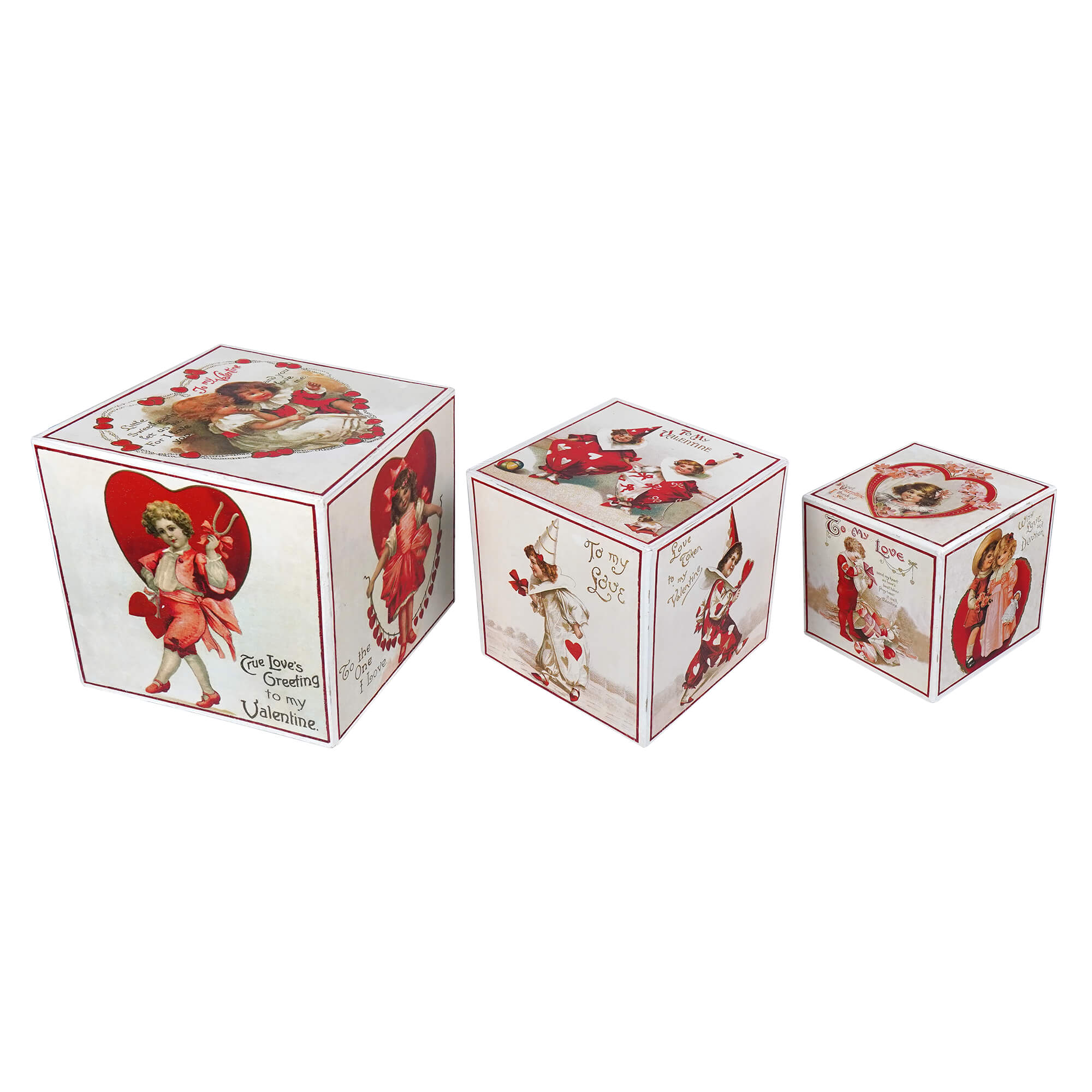 Set of three vintage-style red and white valentine decorative boxes with romantic sayings from the sweetheart blocks set by bethany lowe designs
