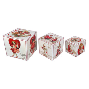 Set of three vintage-style red and white valentine decorative boxes with romantic sayings from the sweetheart blocks set by bethany lowe designs