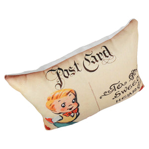 Beige fabric sweetheart pillow designed like a vintage postcard with a smiling boy illustration perfect as valentines day pillow