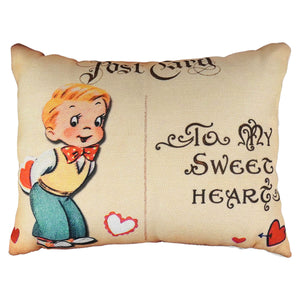 Beige sweetheart pillow with vintage postcard design showing boy in yellow shirt holding hearts perfect valentines day pillow