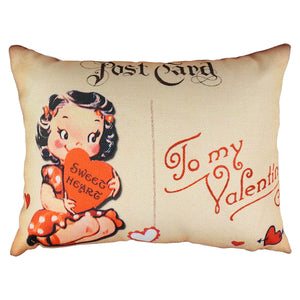 Beige vintage sweetheart post card pillow with a retro girl in an orange polka-dot dress holding a heart for valentine’s day pillows