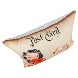 Vintage-style sweetheart post card pillow with beige fabric and cartoon girl holding red heart valentine’s day pillow