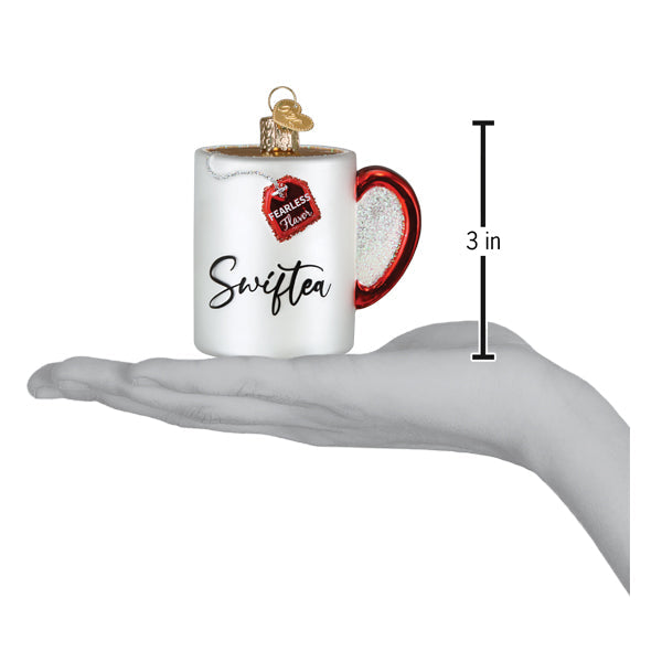 White glass swiftea mug ornament with red glittery heart handle and gold fierce flavor tag perfect dad mug ornament