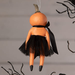 Tabitha pumpkin ornament with orange pumpkin doll, black tulle skirt, ribbon waist tie, and painted toenails for halloween pumpkins & gourds