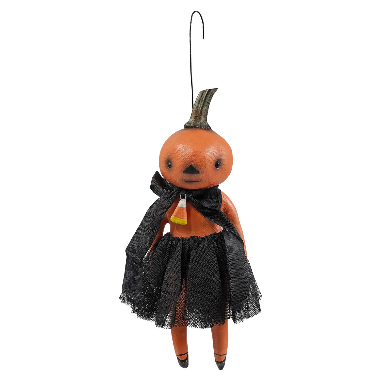 Orange pumpkin ornament doll with black tulle skirt and candy corn pendant halloween pumpkins and gourds decor