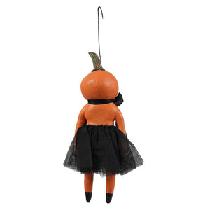 Orange pumpkin ornament doll with black tulle skirt and bow featuring painted details perfect for halloween pumpkins and gourds decor