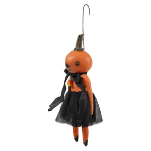 Orange pumpkin ornament doll with black bow and tulle skirt perfect for halloween pumpkins and gourds decor