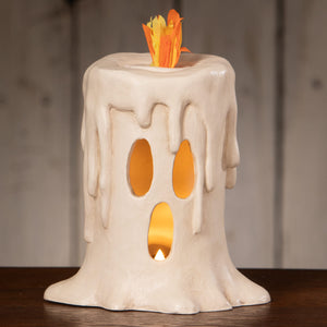 Tall flam’in candle luminary cream ceramic bethany lowe halloween lanterns with glowing orange flame and ghost cutouts