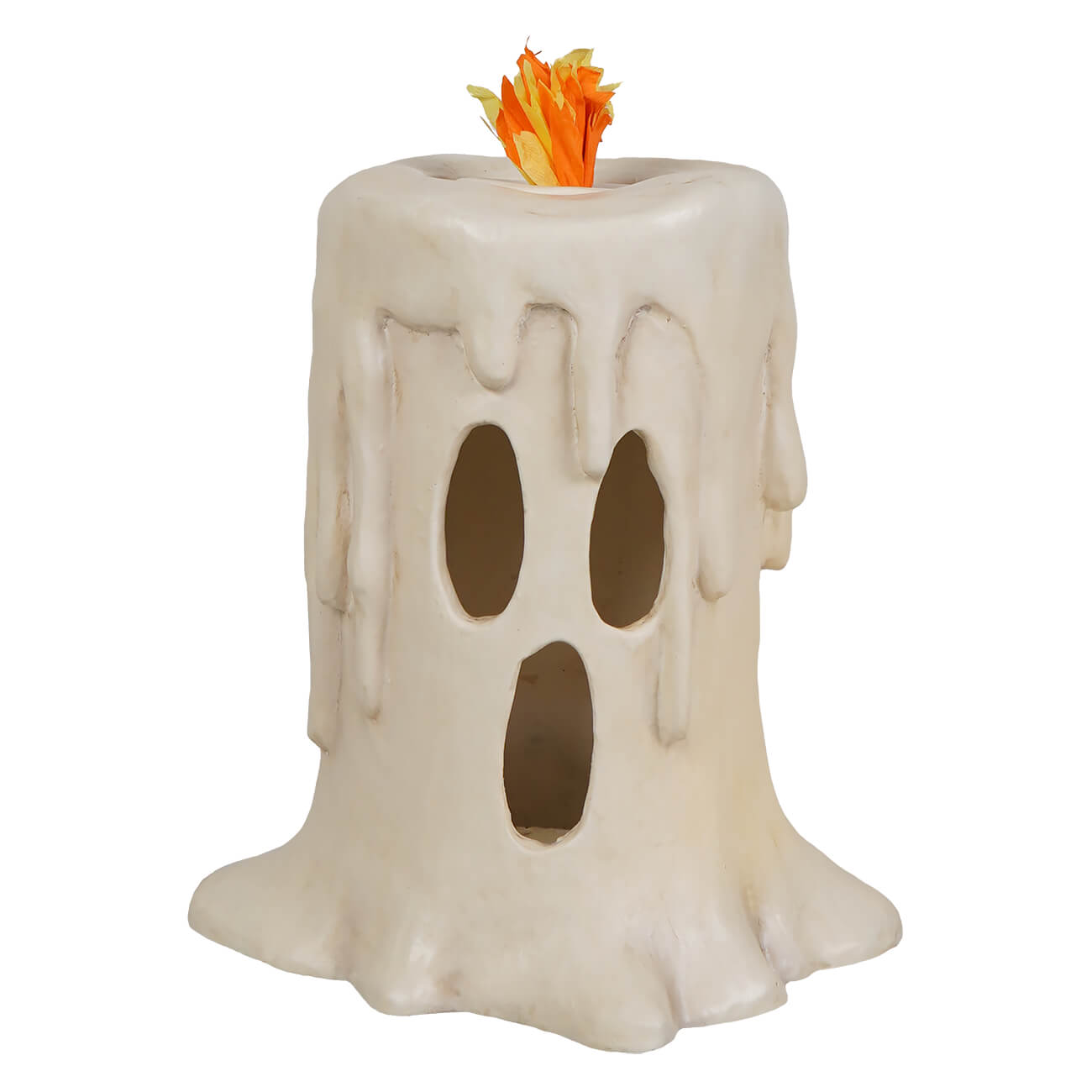 Tall flam’in candle luminary ghost-shaped off-white candle luminary with faux orange flame from bethany lowe halloween lanterns