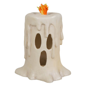 Tall flam’in candle luminary ghost-shaped off-white candle luminary with faux orange flame from bethany lowe halloween lanterns