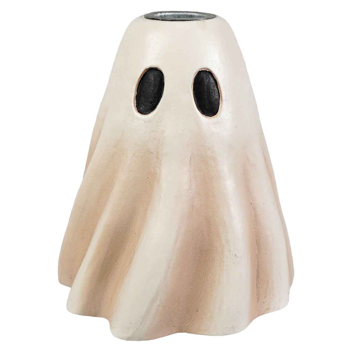 Cream-colored tall ghost candlestick with black eyes and metallic rim perfect for halloween ghost figures decor ornaments