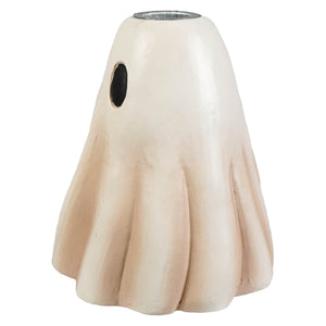 Tall cream-colored ghost candlestick with metallic silver rim and black eyes perfect for halloween ghost figures decor