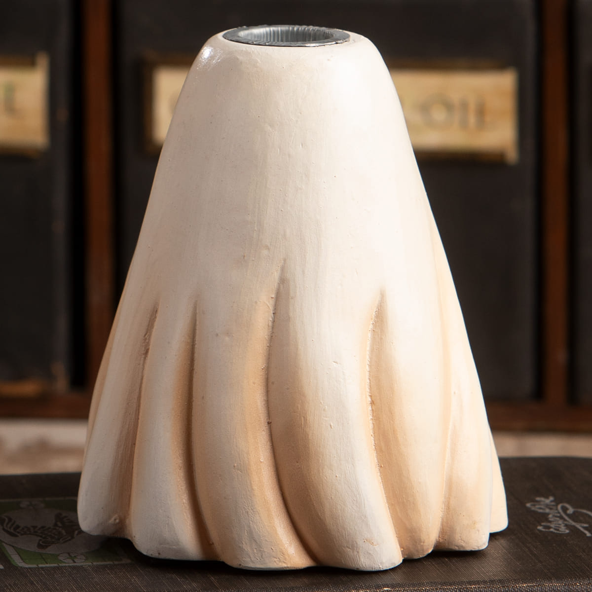 Tall ghost candlestick cream ceramic vase with fluted bell shape and metallic rim perfect for halloween ghost figures decor