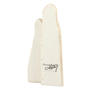 Cream-colored distressed wooden ghost duo chunky bookends with rustic finish and primitive by kooky logo tall ghost duo