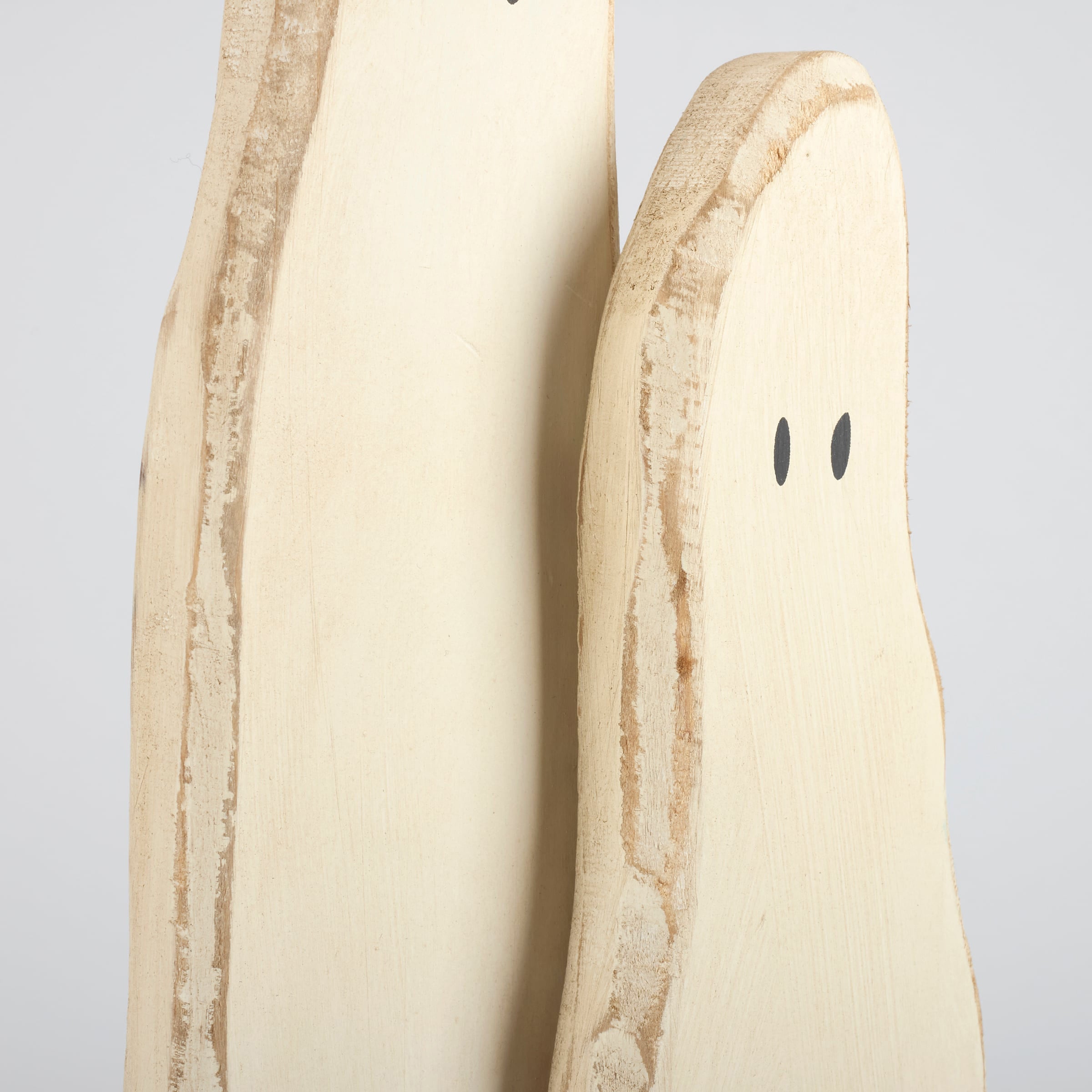Tall ghost duo chunky wooden ghost plaque in light rustic wood with simple black dot eyes for decor use