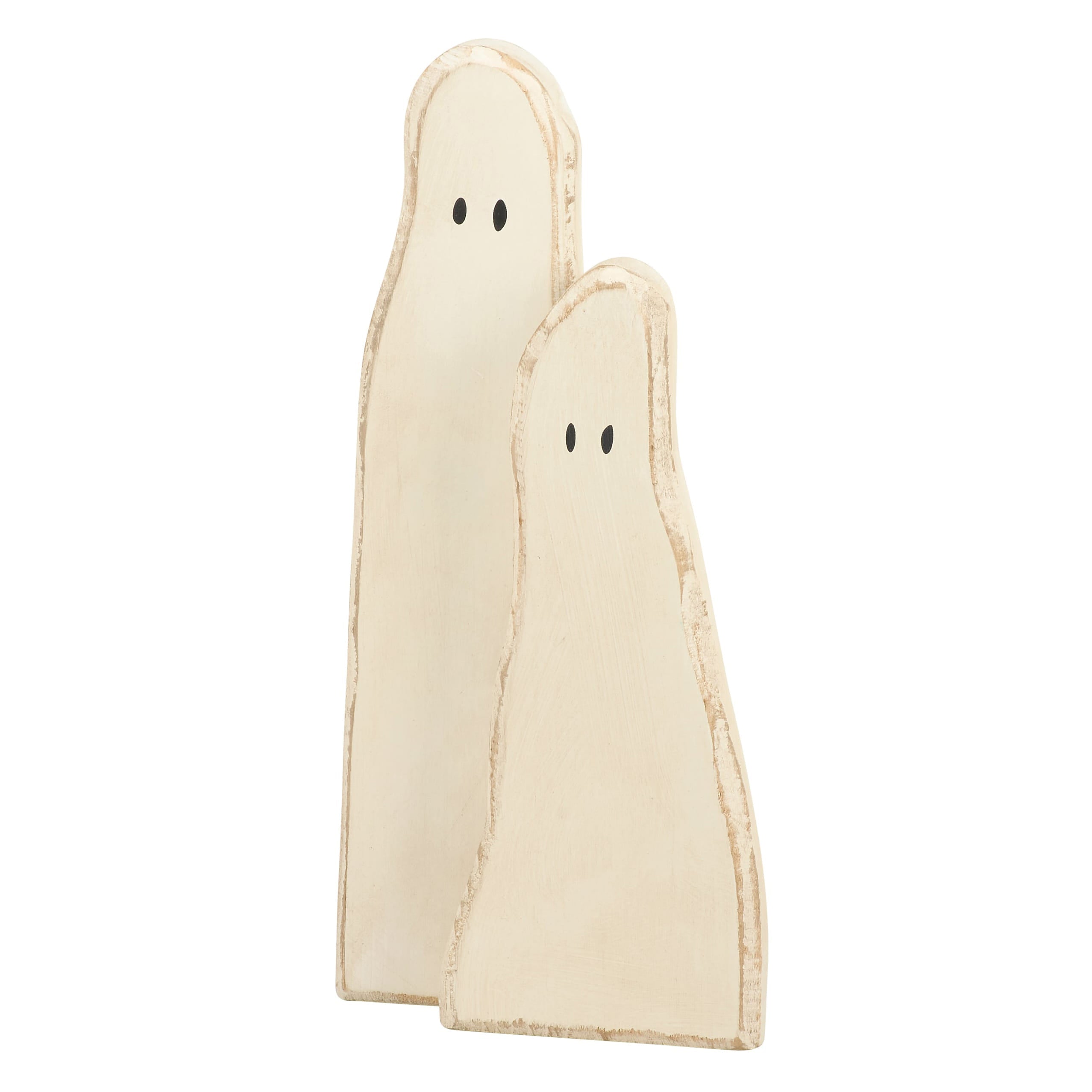 Two cream-colored wooden tall ghost duo figurines with black dot eyes and distressed edges for chunky sitter decor