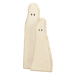 Two cream-colored wooden tall ghost duo figurines with black dot eyes and distressed edges for chunky sitter decor