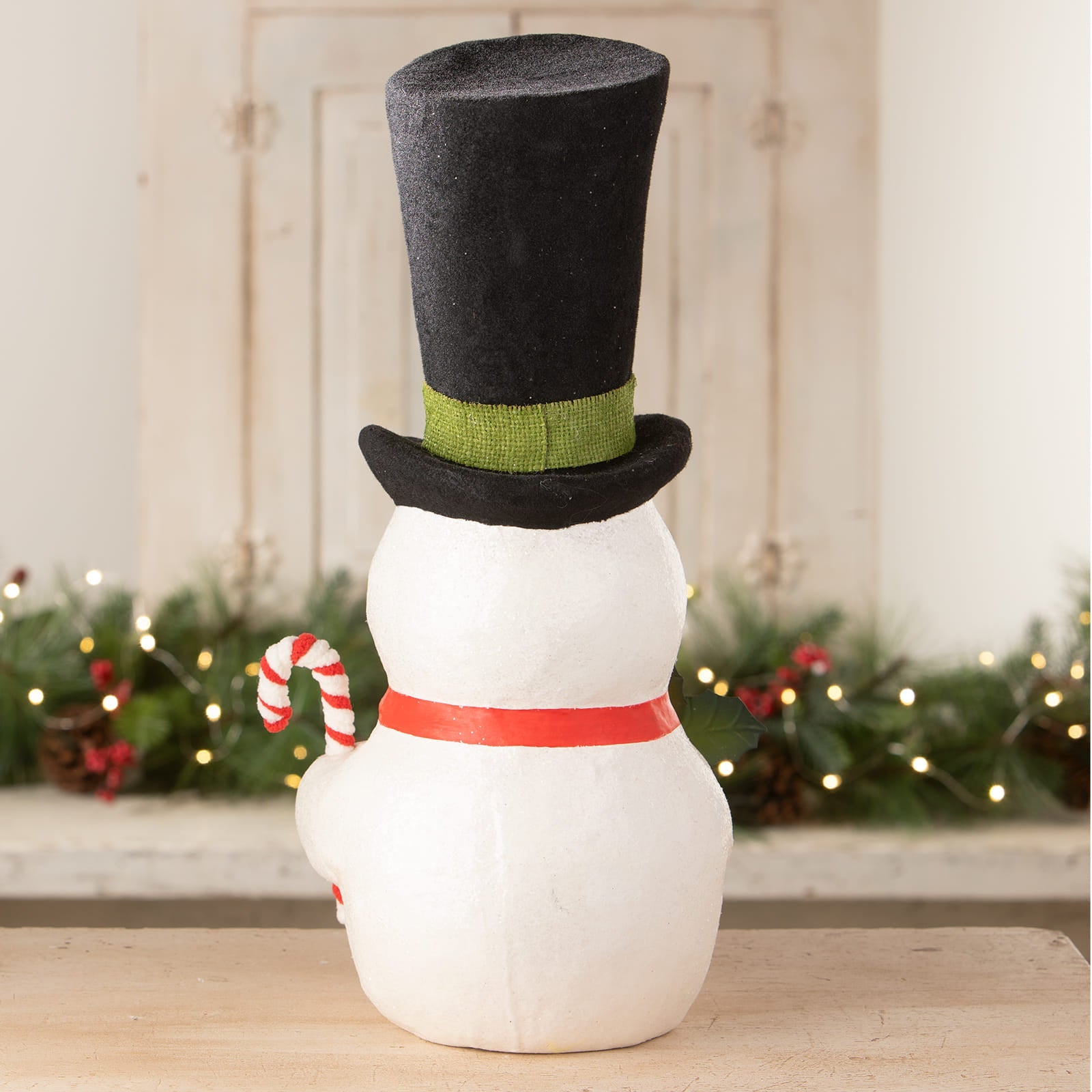 White plush snowman figurine with tall black top hat and candy cane by bethany lowe designs christmas snowman decor