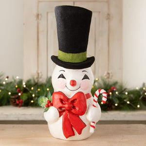 Tall hat jolly snowman figurine by bethany lowe designs with white body black top hat green ribbon red bow candy cane christmas snowman figures & decor