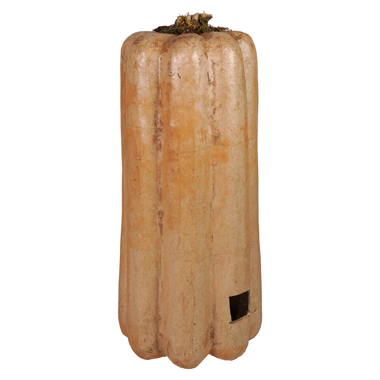 Tan ribbed ceramic tall mustard pumpkin planter with dark green stem and small opening to illuminate pumpkin with tea light