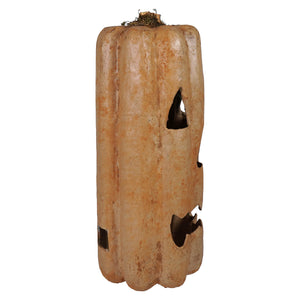 Tall mustard pumpkin jack o lantern lantern with carved face mossy top designed to illuminate pumpkin battery operated tea light