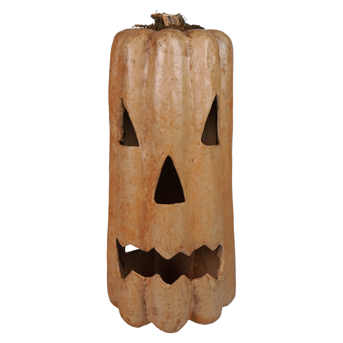 Tall mustard pumpkin jack-o-lantern with tan carved face to illuminate pumpkin using battery-operated tea light