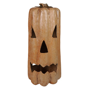 Tall mustard pumpkin jack-o-lantern with tan carved face to illuminate pumpkin using battery-operated tea light