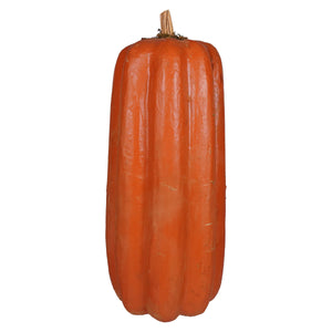 Tall orange pumpkin with ribbed hand-painted paper mache design and natural wooden stem by raggedy junction design