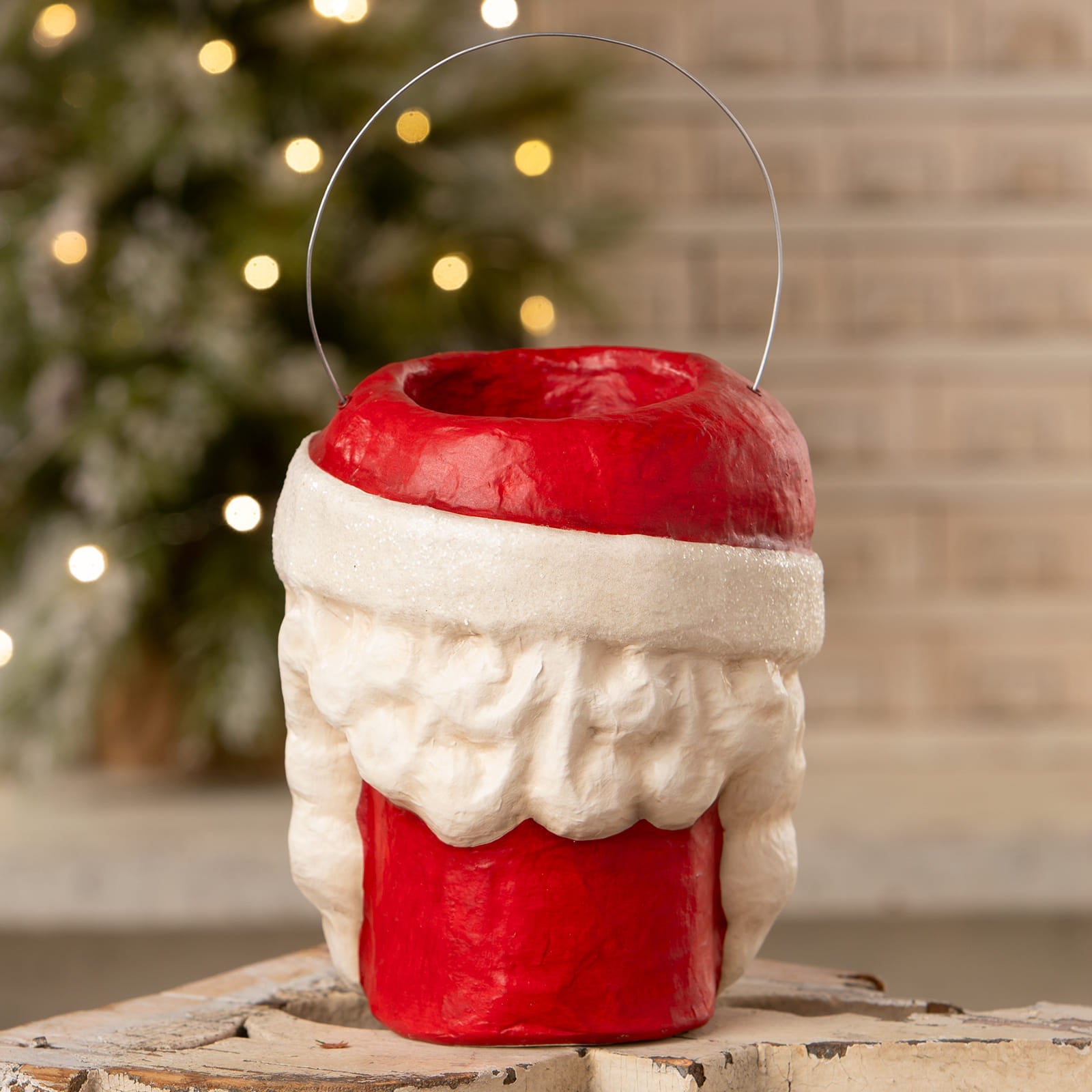 Red and white tall santa bucket candle holder with wire handle from bethany lowe design christmas buckets and lanterns