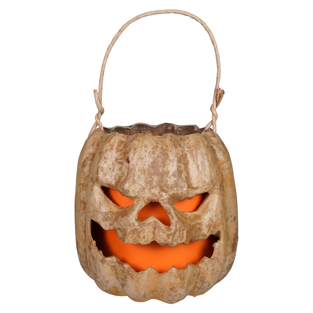 Tan scary face pumpkin bucket with raggedy junction design handcrafted folk art and glowing orange light inside