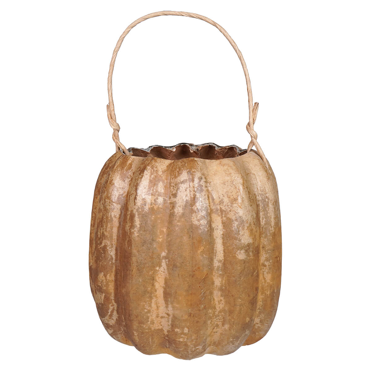 Tan scary face pumpkin bucket featuring a rustic gold metal handcrafted folk art design with woven rope handle