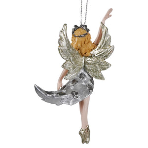 Taupe and silver blonde ballerina resin ornament with silver wing and golden hair by kurt adler hanging on a chain
