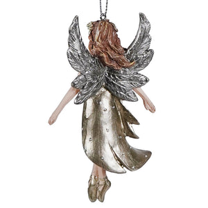 Taupe and silver brunette ballerina ornament with silver wings copper brown hair and gold gemstone dress kurt adler ornament