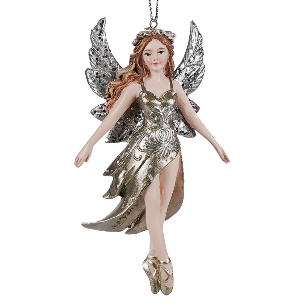 Taupe and silver brunette ballerina ornament with silver fairy tutu, a kurt adler ballerina ornament perfect as a dance ornament