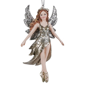Taupe and silver brunette ballerina ornament with silver fairy tutu, a kurt adler ballerina ornament perfect as a dance ornament
