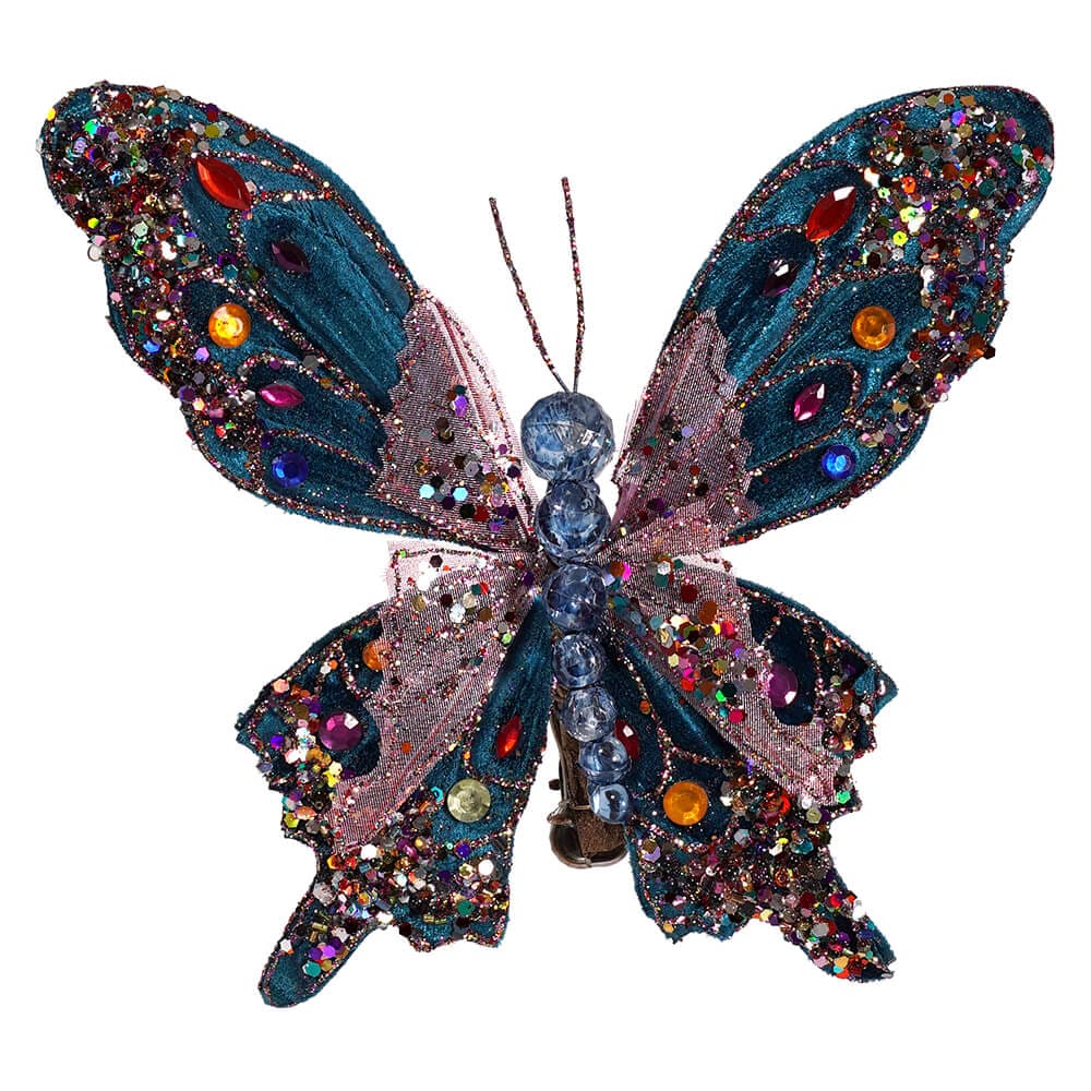 Teal & Blue Multicolored Jeweled & Glittered Butterfly Clip Ornament