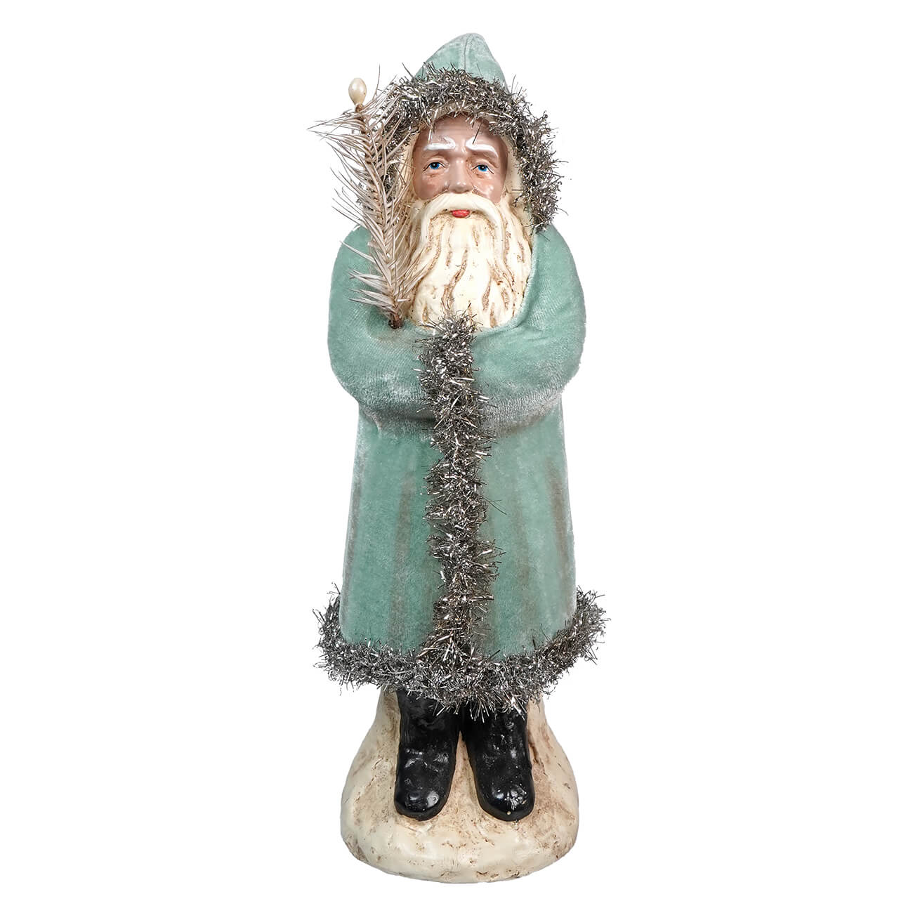 Vintage-style Santa Claus figurine wearing a green robe trimmed with silver tinsel.