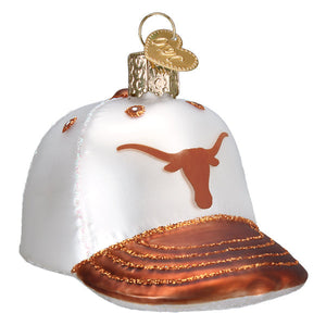 White and burnt orange texas baseball cap christmas glass ornament with glittery brim from world christmas glass
