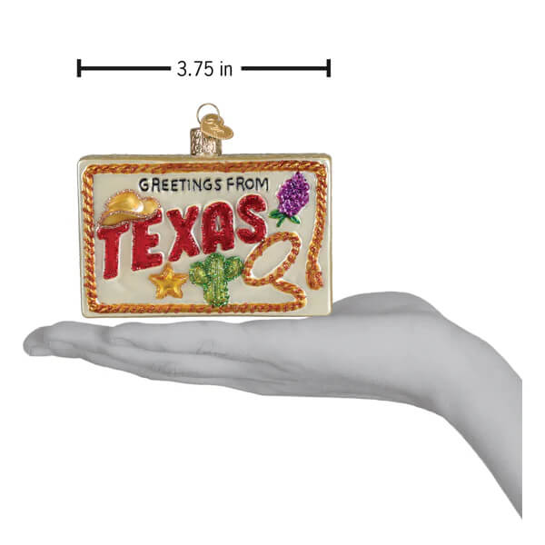 A rectangular glass texas postcard ornament with red greetings from texas lettering and embroidered cactus star and flowers