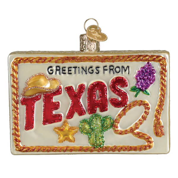 Texas postcard ornament glass ornament with glittery red lettering gold cowboy hat green cactus and orange rope border