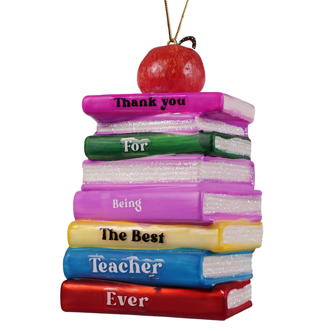 Thank you for being the best teacher ever glass ornament with colorful glittery books and red apple, cody foster ornament