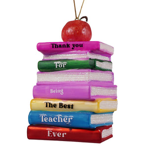Thank you for being the best teacher ever glass ornament with colorful glittery books and red apple, cody foster ornament