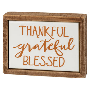 Rustic wooden-framed thankful grateful blessed box sign mini with white ceramic and orange script, perfect fall farm wagon block decor