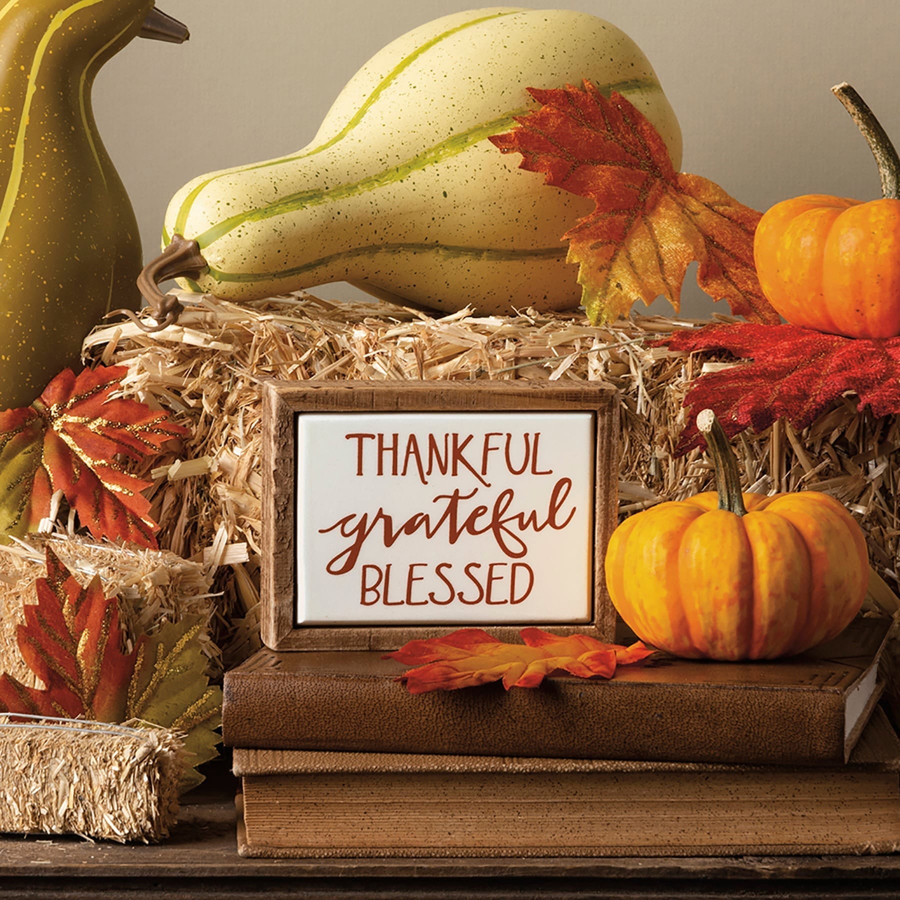 Rustic wooden framed thankful grateful blessed box sign mini with brown cursive lettering perfect fall farm wagon decor