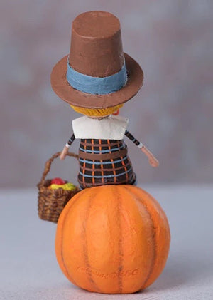 Thankful thad miniature scarecrow with brown paperbag hat and blue ribbon perfect for lori mitchell thanksgiving decor