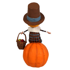 Thankful thad lori mitchell thanksgiving decor scarecrow figurine with plaid outfit sitting on pumpkin holding basket
