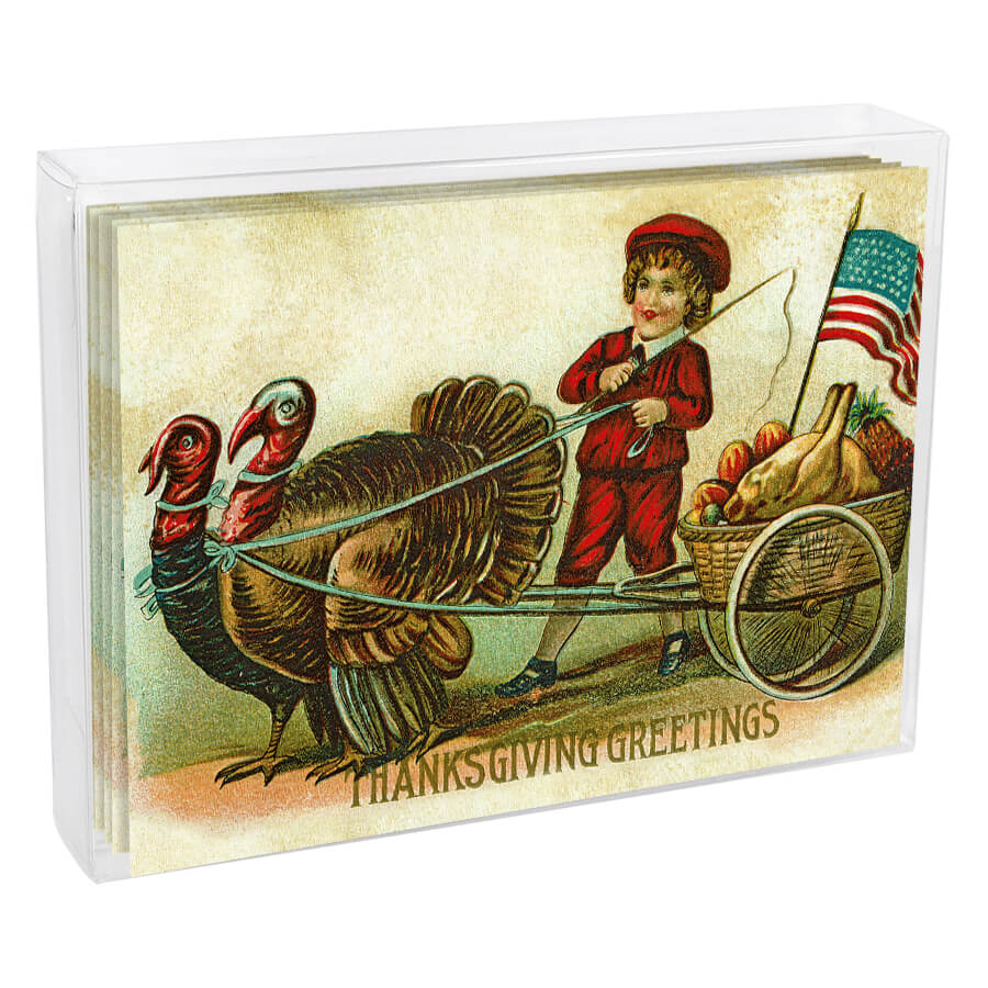 Vintage Thanksgiving greeting card featuring a child in red clothing pulling a cart with turkeys and produce.