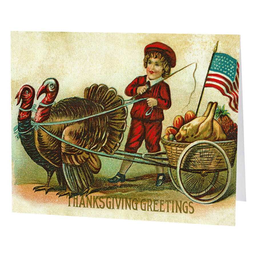 Vintage Thanksgiving greeting card featuring a child pulling a cart with turkeys and produce.