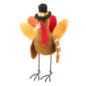Thanksgiving turkey critter brown felt figurine with black top hat red wattle and orange wings from kathy designs harvest collection